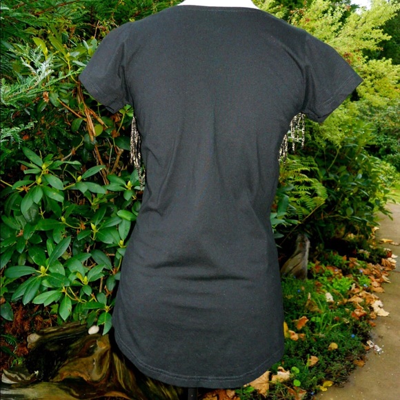Onanya shipibo Black and Gold Fringe T-shirt L - Picture 3 of 6